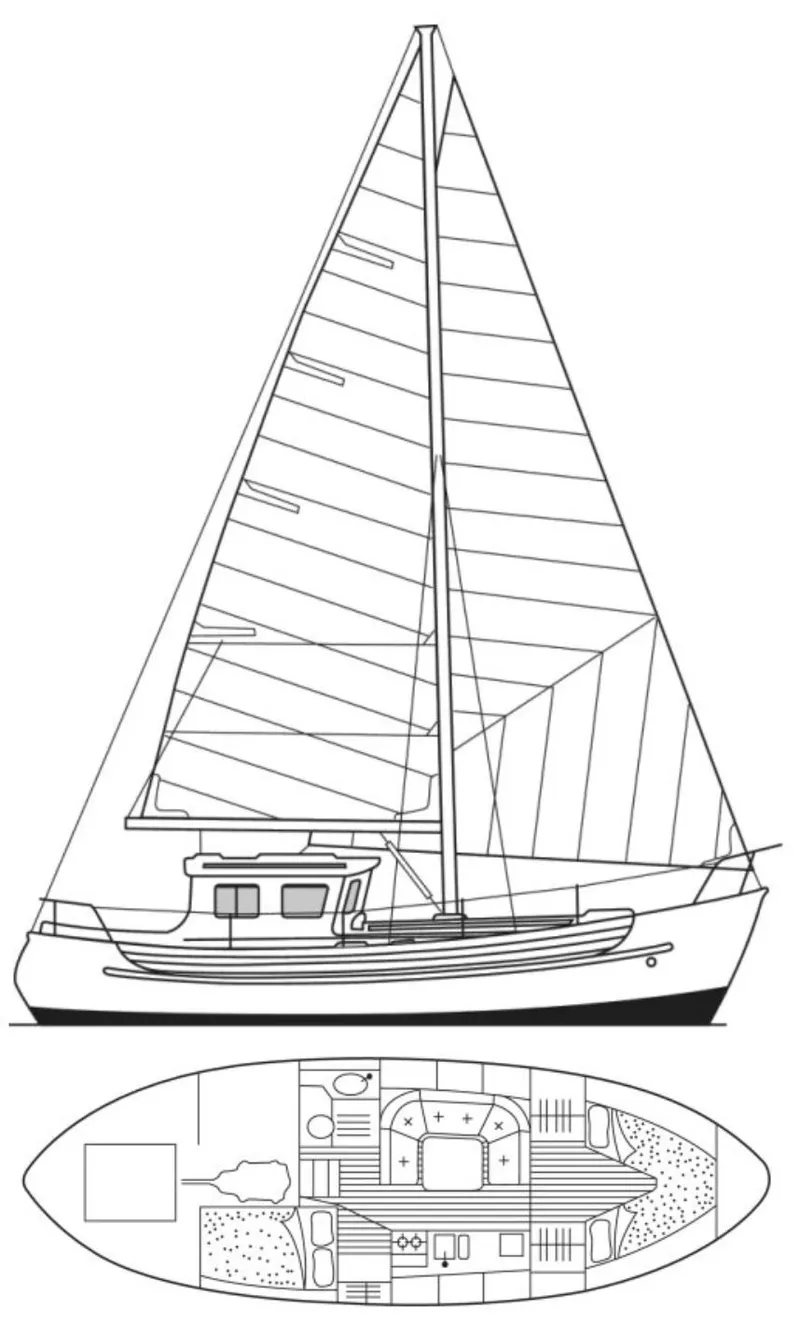 Slide: The Image of Line drawing of a 1985 Fisher 34 Pilothouse Ketch sailboat with interior layout. - 8