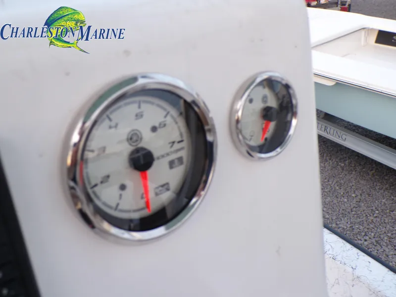 Slide: The Image of Close-up of Panga 22 boat gauges, 2023 model, with Charleston Marine logo. - 10