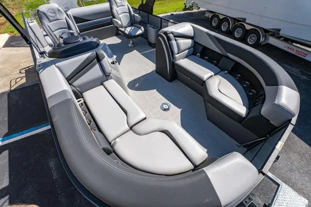 Slide: The Image of 2024 South Bay S224 UL 3.0 pontoon boat with luxurious gray seating and spacious layout. - 9