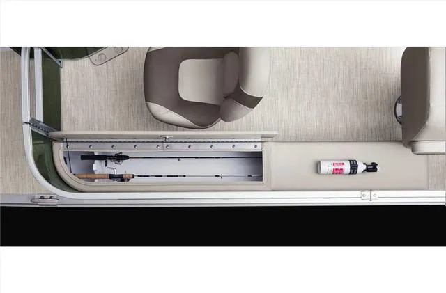 Slide: The Image of 2022 Bennington 22 SXFAPG boat interior with fishing rod storage and seating. - 16