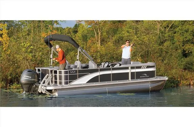 Slide: The Image of 2022 Bennington 22 SXFAPG pontoon boat with dual stern gates, two people fishing. - 18