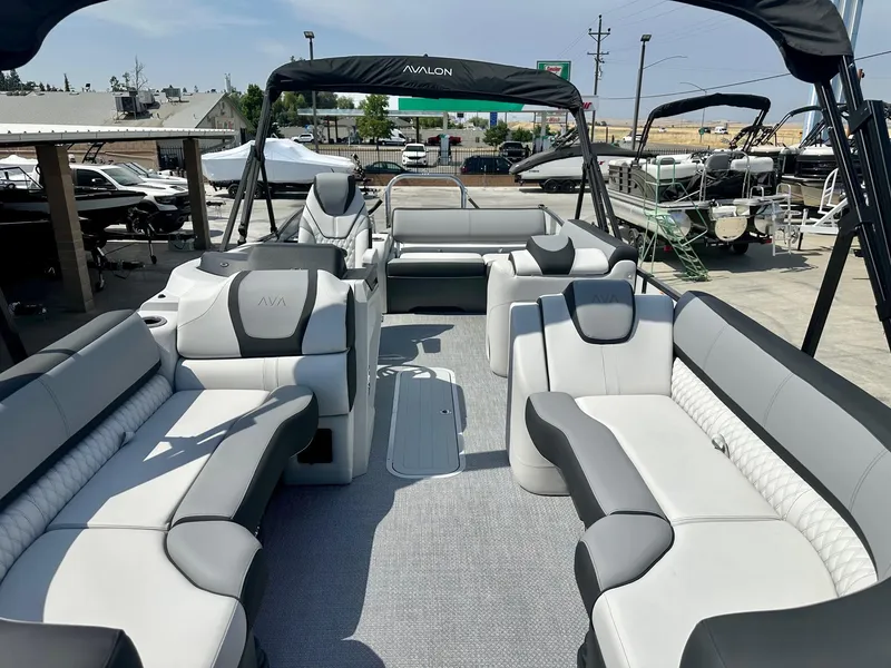 Slide: The Image of 2025 Avalon Catalina 23 FT boat with versatile rear bench and 200HP Mercury engine. - 5