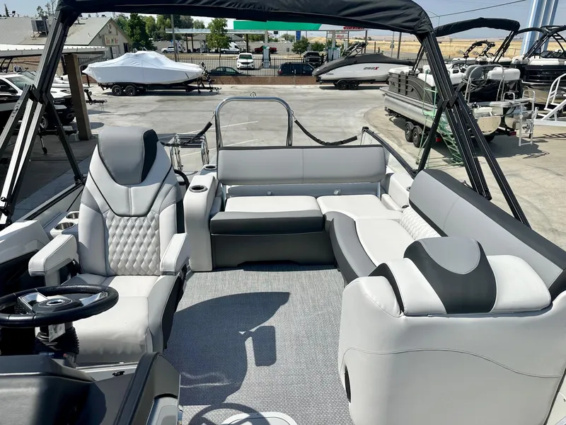 Slide: The Image of 2025 Avalon Catalina boat interior with versatile rear bench and luxurious seating. - 6