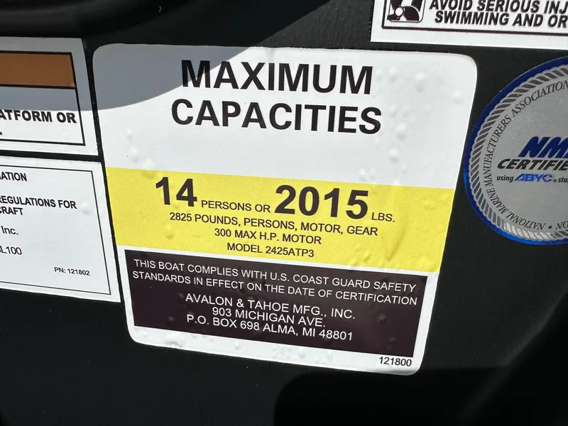 Slide: The Image of 2025 Avalon Catalina boat capacity label: 14 persons or 2015 lbs, 300 max HP motor. - 11