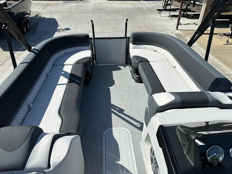 Slide: The Image of 2025 Avalon Catalina boat interior with versatile rear lounger, featuring sleek seating and modern design. - 18
