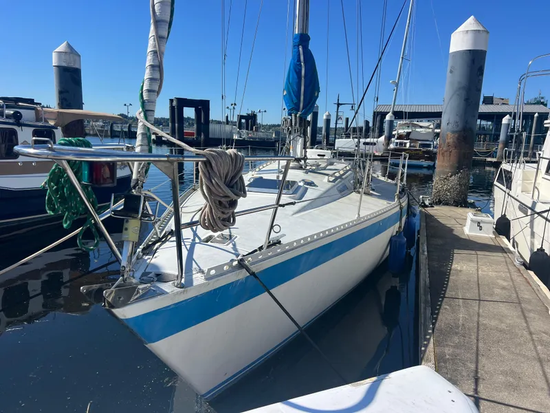 Slide: The Image of 1985 Wauquiez Pretorian Sloop docked at marina, blue and white hull, clear sky. - 11