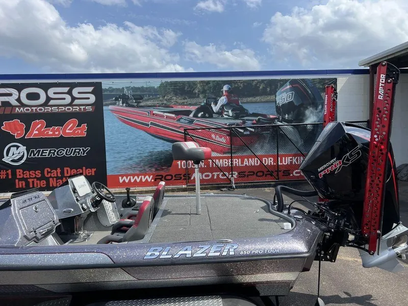 Slide: The Image of 2022 Blazer 650 Pro Tour boat at Ross Motorsports, featuring Mercury engine and Bass Cat branding. - 17