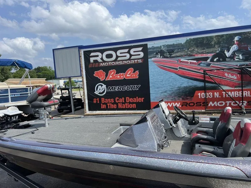 Slide: The Image of 2022 Blazer 650 Pro Tour boat at Ross Motorsports, featuring Bass Cat and Mercury branding. - 21