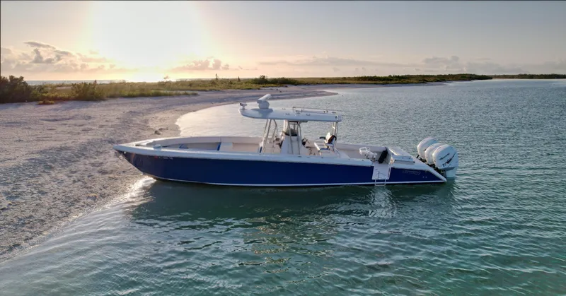 Slide: The Image of 2016 Venture 39 Forward Seating boat anchored near a sandy beach at sunset. - 2