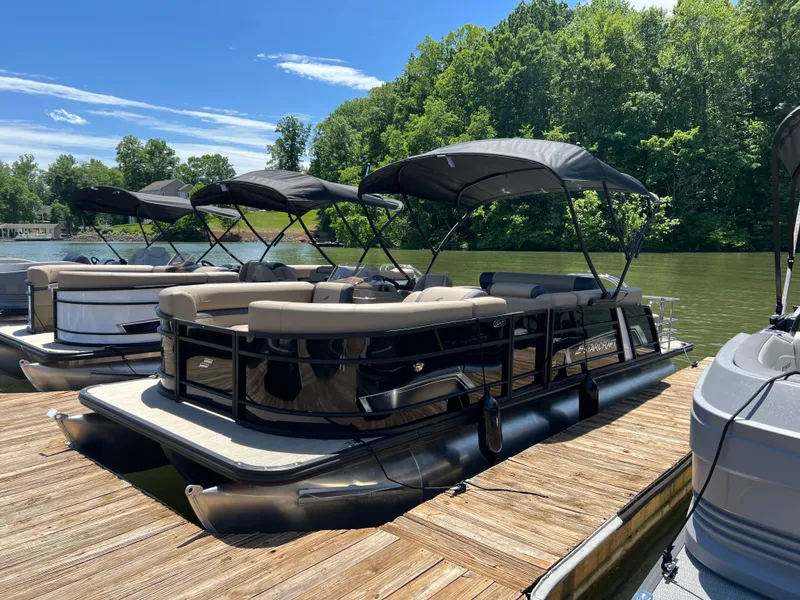 Slide: The Image of 2025 Starcraft EXS 3 Q DH pontoon boat docked on a sunny day. - 2