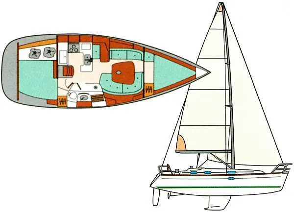 Slide: The Image of Beneteau 361 sailboat 2001 model with interior layout and side view illustration. - 2
