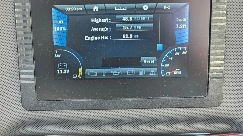 Slide: The Image of Dashboard display of a 2019 Yamaha Boats AR195 showing speed, engine hours, and depth. - 22