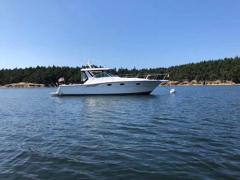 Slide: The Image of 2003 Tiara Yachts 3500 Open on calm water with forested shoreline in background. - 12