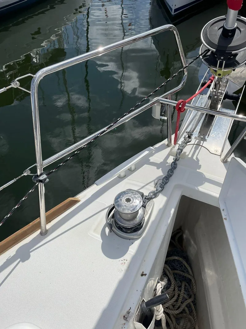 Slide: The Image of 2017 Jeanneau Sun Odyssey 479 yacht deck with winch and chain detail. - 41