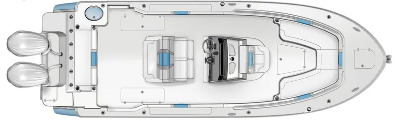Slide: The Image of Top view of 2023 Robalo R270 boat layout with dual engines and seating arrangement. - 8