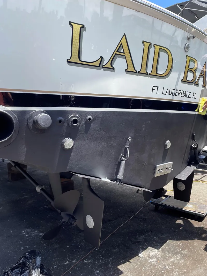 Slide: The Image of 1983 Bertram 46 Convertible boat stern, "Laid Back," Fort Lauderdale, FL. - 22