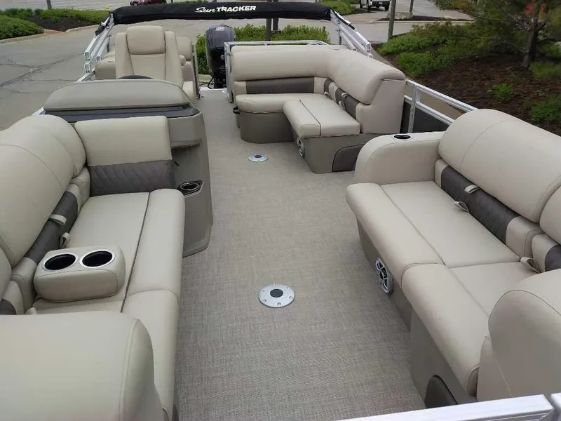 Slide: The Image of 2025 Sun Tracker Party Barge 22 RF DLX with spacious seating and modern design. - 2