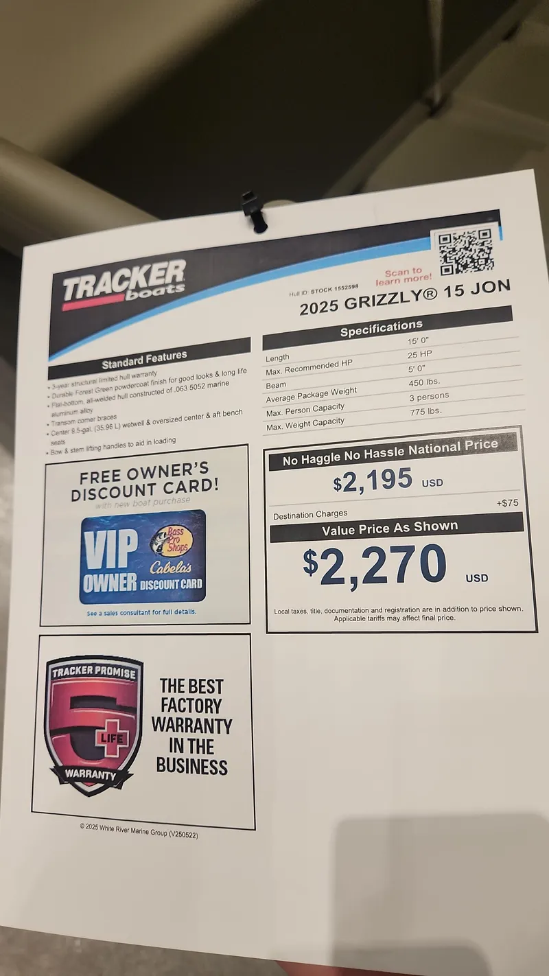 Slide: The Image of 2025 Tracker Grizzly 15 Jon boat specifications and pricing sheet with warranty details. - 2