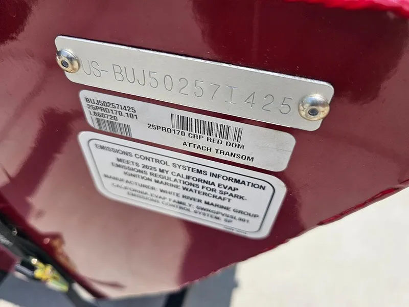 Slide: The Image of 2025 Tracker Pro 170 boat identification and emissions control information plate. - 22
