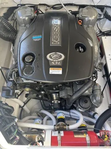 Slide: The Image of 2025 Cobalt R4 Surf engine compartment with 5.3L engine and fire extinguisher system. - 16