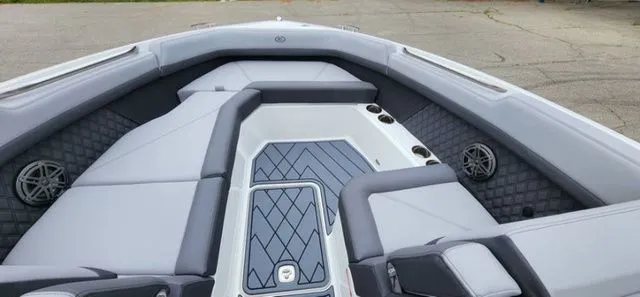 Slide: The Image of 2024 Cobalt R8 boat interior with sleek seating and modern design. - 12