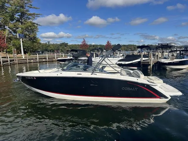 Slide: The Image of 2017 Cobalt R5 boat docked on a sunny day with clear skies. - 1