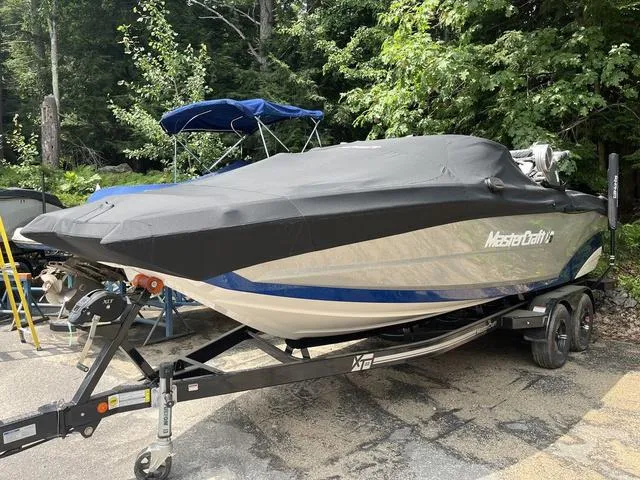 Slide: The Image of 2021 MasterCraft XT22 boat covered on trailer, surrounded by trees. - 4
