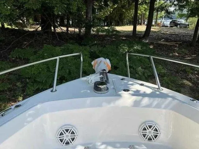 Slide: The Image of 2024 Boston Whaler 230 Outrage boat bow with railings, docked near lush greenery. - 9