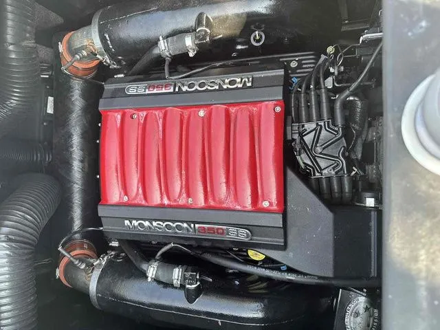 Slide: The Image of 2014 Malibu Wakesetter 23 LSV engine, Monsoon 350 SS, red cover, detailed view. - 7