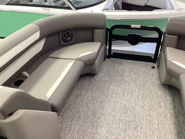 Slide: The Image of Interior of 2025 Premier 200 SUNSCAPE RE-CL pontoon boat with gray seating and carpet. - 11