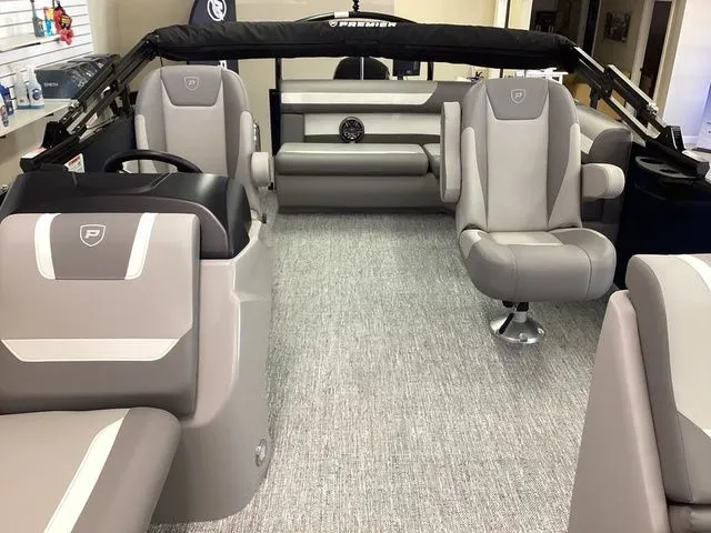 Slide: The Image of Interior of 2025 Premier 200 SUNSCAPE RE-CL pontoon boat with modern seating. - 13