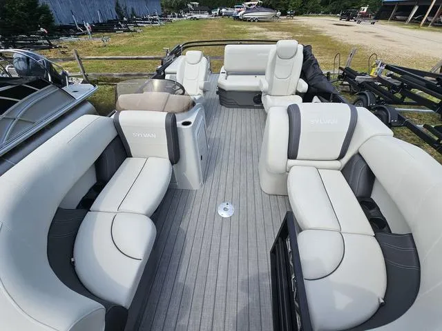 Slide: The Image of 2025 Sylvan Mirage 8520 CLZ DH pontoon boat with spacious seating and modern design. - 3