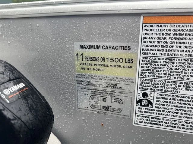 Slide: The Image of 2022 Sylvan 8522 LZ capacity label, 11 persons or 1500 lbs, 150 HP motor. - 17