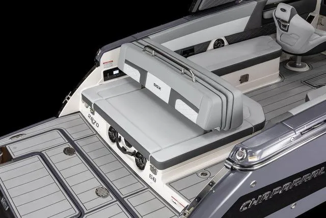Slide: The Image of 2025 Chaparral 2870 SSX boat interior with sleek seating and modern design. - 11