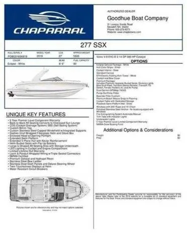 Slide: The Image of 2019 Chaparral 277SX boat features and specifications sheet from Goodhue Boat Company. - 6