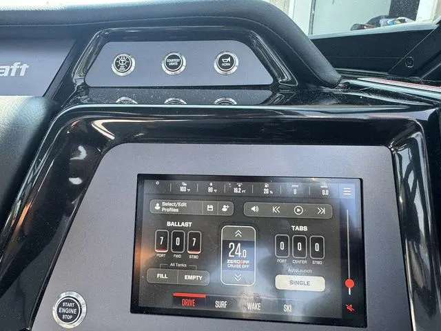 Slide: The Image of 2024 MasterCraft NXT23 dashboard with touchscreen controls and ballast settings. - 16