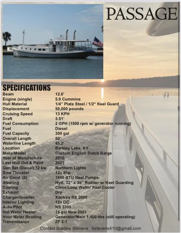 Slide: The Image of Custom 2009 Dutch Canal Barge "Passage" with detailed specifications and contact information. - 24