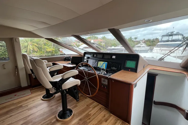 Slide: The Image of Pilothouse of 2006 Pacific Mariner 85 yacht with modern navigation equipment and luxurious seating. - 20