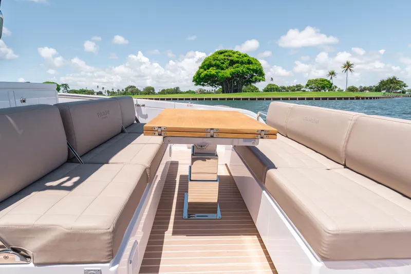 Slide: The Image of Luxurious seating area on 2023 Pardo Yachts 38, featuring elegant design and scenic water view. - 22