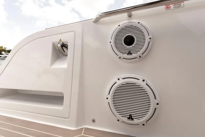 Slide: The Image of Close-up of 2023 Pardo Yachts 38 speakers and deck detail. - 31