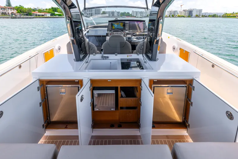 Slide: The Image of Luxury Pardo Yachts 38, 2023 model, featuring sleek interior and modern amenities. - 34