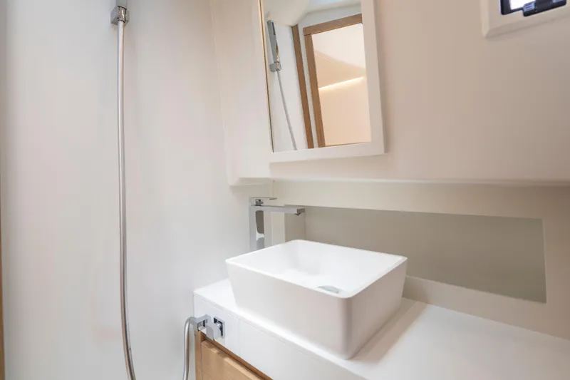 Slide: The Image of Modern bathroom interior of 2023 Pardo Yachts 38, featuring sleek sink and shower. - 55