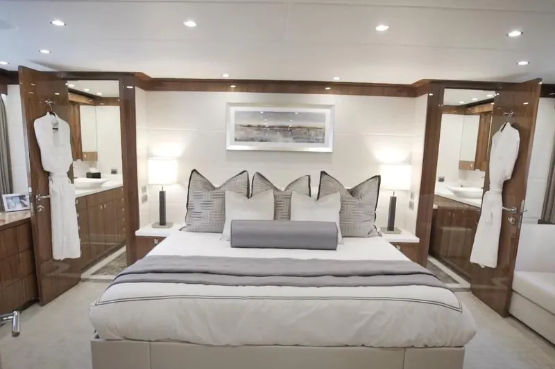 Slide: The Image of Luxurious bedroom interior of 2017 Hargrave Raised Pilothouse MY yacht, featuring elegant decor and lighting. - 14