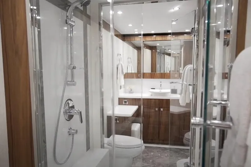 Slide: The Image of Luxurious bathroom in 2017 Hargrave Raised Pilothouse MY yacht, featuring modern fixtures and elegant design. - 17