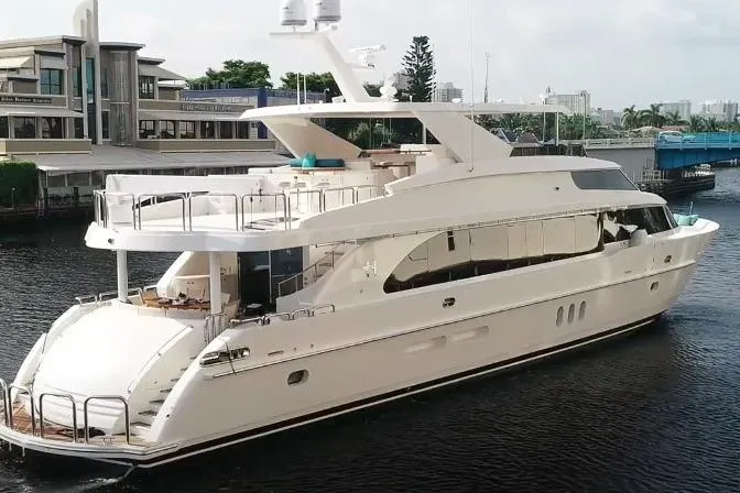 Slide: The Image of 2017 Hargrave Raised Pilothouse MY yacht docked in a marina, showcasing sleek design and luxury features. - 33