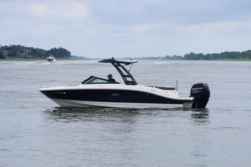 Slide: The Image of 2018 Sea Ray SPX 210 Outboard boat on calm water, overcast sky. - 2
