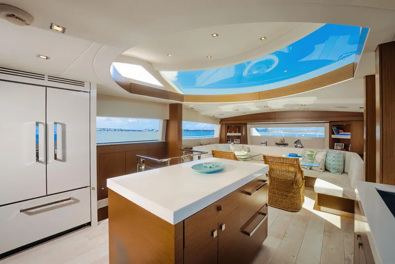 Slide: The Image of Luxurious interior of 2017 Hatteras M75 Panacera yacht with skylight and modern furnishings. - 42