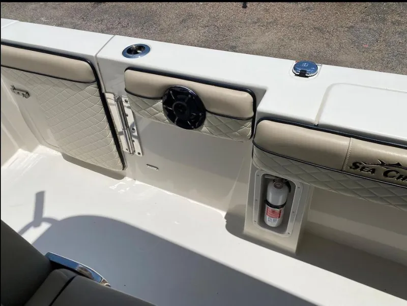 Slide: The Image of 2020 Sea Chaser 35 HFC CC boat interior with quilted upholstery and fire extinguisher. - 10