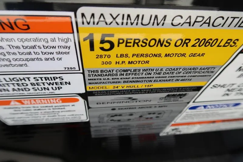 Slide: The Image of Bennington 24 RTFB 2021 boat capacity label: 15 persons or 2060 lbs, 300 HP motor. - 16