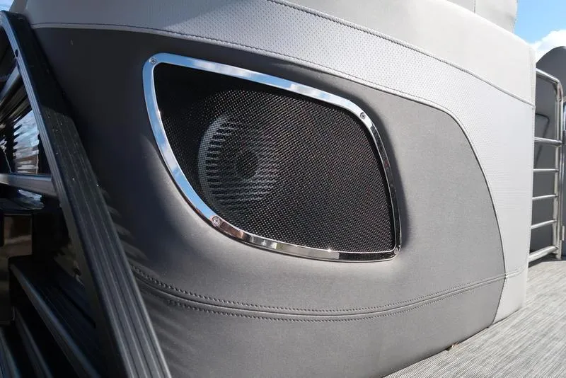 Slide: The Image of Speaker detail on 2021 Bennington 24 RTFB boat, featuring sleek design and chrome accents. - 36